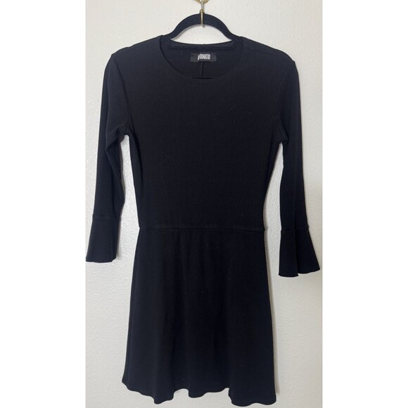 Reformation Dresses & Skirts - Reformation Sweater Dress Black Rib Knit Long Bell Sleeve Fit & Flare Mini Sz L